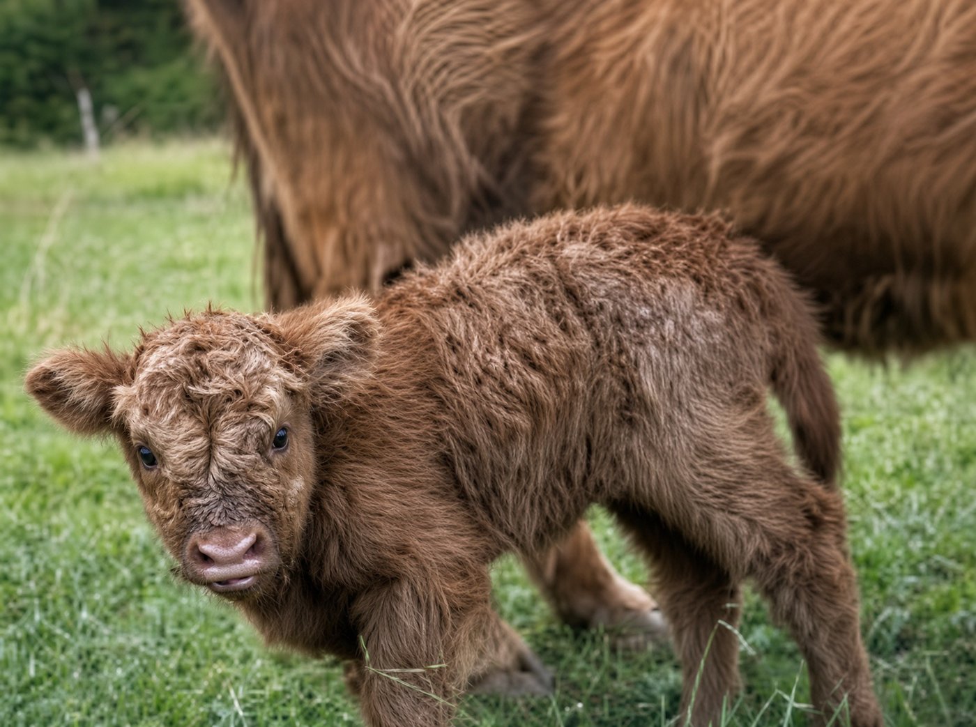 Scottish Highland calf for sale at Cedar Pond Farms, East Tennessee — full-size breed (~¾ Angus as adults), people-raised and halter-trained