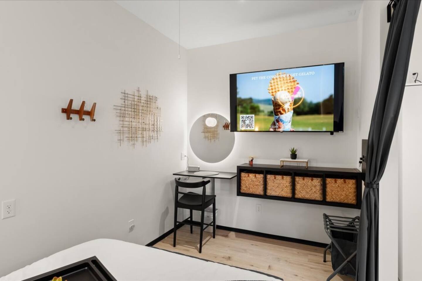 Inside Barndo 1A · North one-bedroom, a one-bedroom barndominium suite at Cedar Pond Farms — our fluffy Highland cow farm just outside the Smoky Mountains.
