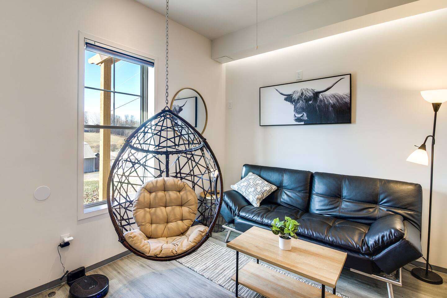 Inside Barndo 2A · South one-bedroom, a one-bedroom barndominium suite at Cedar Pond Farms — our fluffy Highland cow farm just outside the Smoky Mountains.